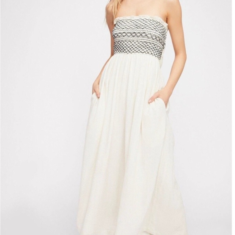 Free People Ivory Strapless Jumpsuit with Black Pattern-Size Small